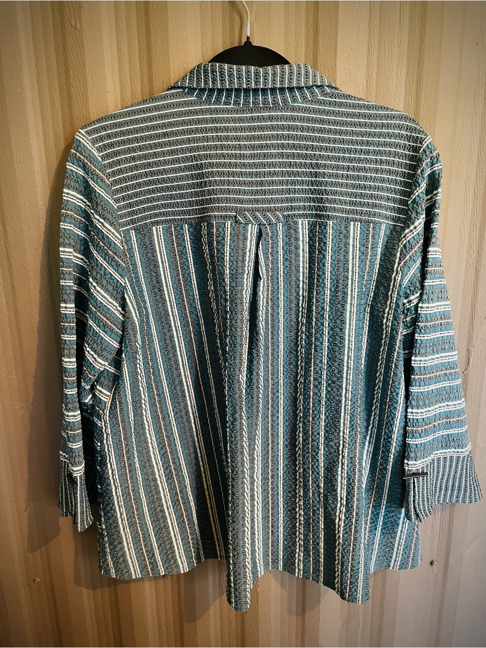 HABITAT Crinkle Gauzy Top Toggle Button Tunic Blouse Green Stripe Unique sz S - Picture 11 of 15